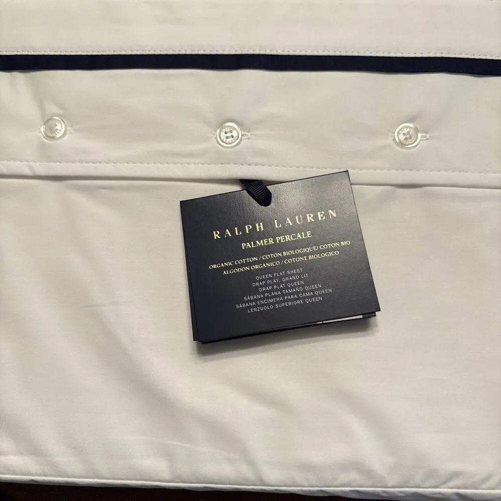 Ralph Lauren Organic Cotton Percale Palmer Queen Flat Sheet $175 White/Polo Navy